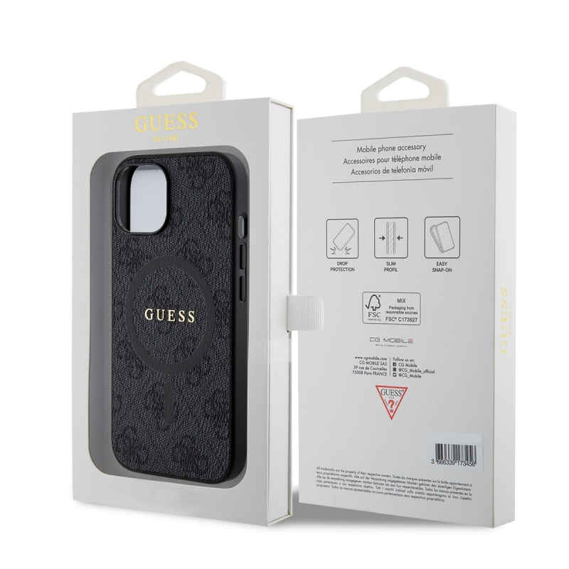 Guess PU Leather 4G Colored Ring MagSafe Zadní Kryt pro iPhone 15 Black