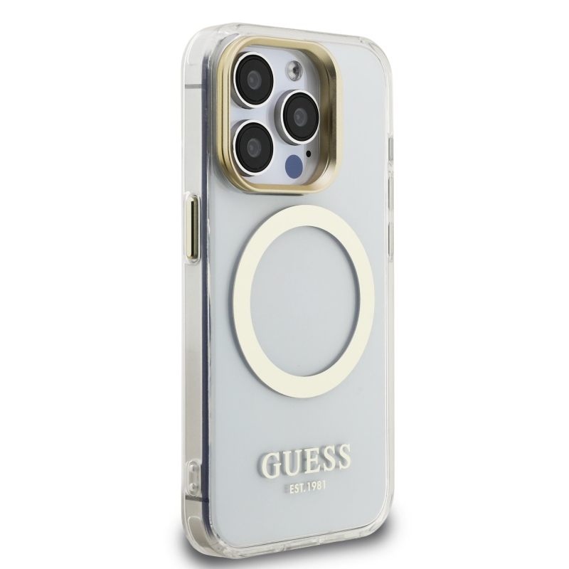 Guess IML Gold Outline Stand Camera Frame MagSafe Zadní Kryt pro iPhone 15 Pro Transparent
