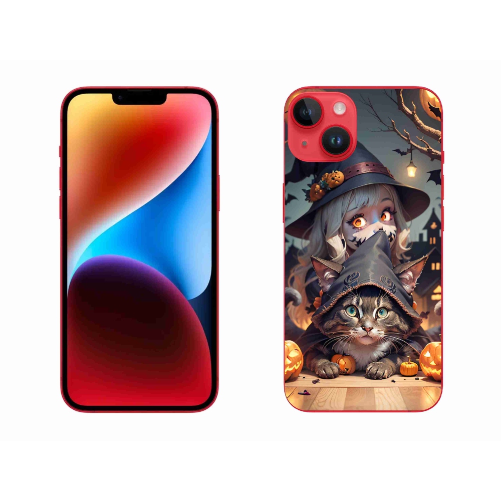 Gelový kryt mmCase na iPhone 14 Plus - čarodějnice s kočkou