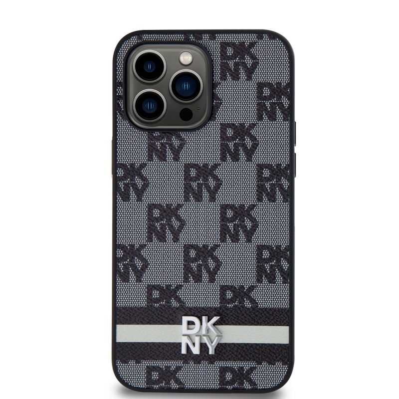 DKNY PU Leather Checkered Pattern and Stripe Zadní Kryt pro iPhone 15 Pro Max Black
