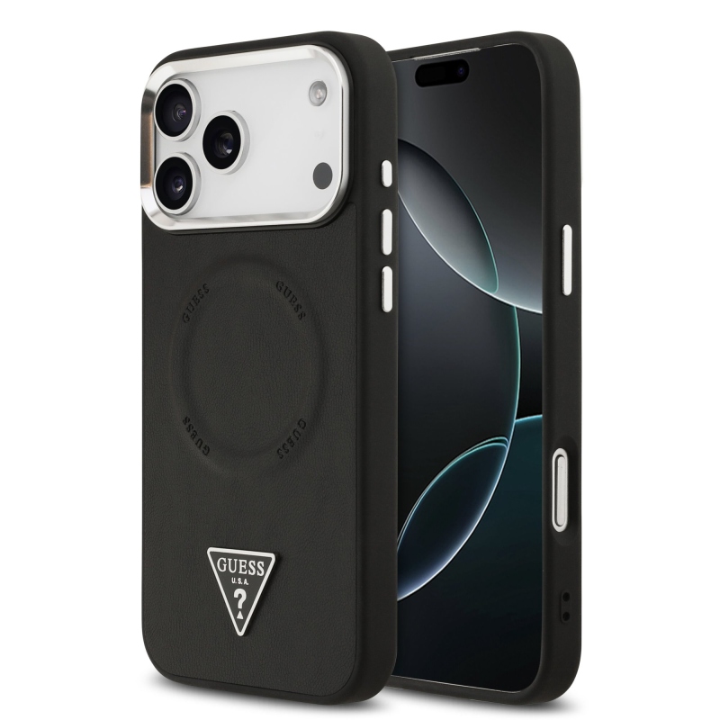 Guess PU Leather Triangle Logo MagSafe Zadní Kryt pro iPhone 17 Pro Black