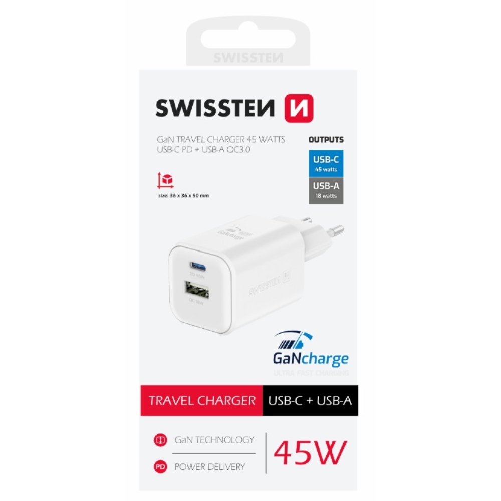Nabíječka Swissten GaN 1x USB-C 45W PD + 1x USB-A 18W QC - bílá