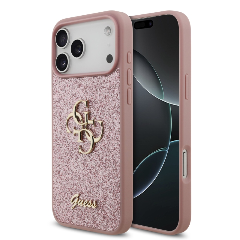 Guess PU Fixed Glitter 4G Metal Logo Zadní Kryt pro iPhone 18 Pro Max Pink