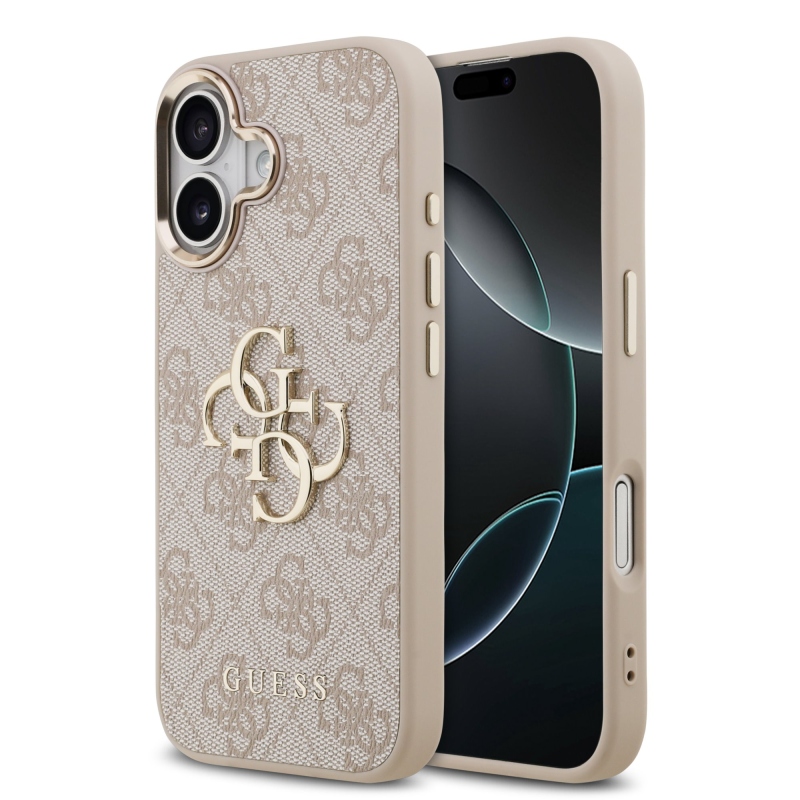 Guess PU Leather 4G Metal Logo Gold Frame Zadní Kryt pro iPhone 17 Pink