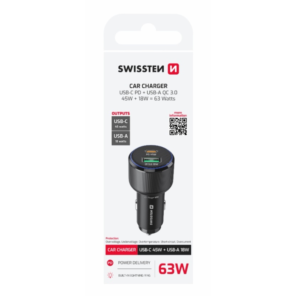 Swissten CL adaptér USB-C PD + USB-A, 63W - černý