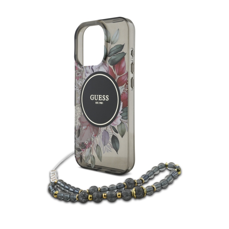 Guess IML Flowers Pearl Strap MagSafe Zadní Kryt pro iPhone 16 Pro Max Black