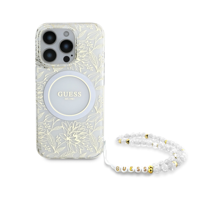 Guess IML Flowers Allover Strap MagSafe Zadní Kryt pro iPhone 16 Pro Max White