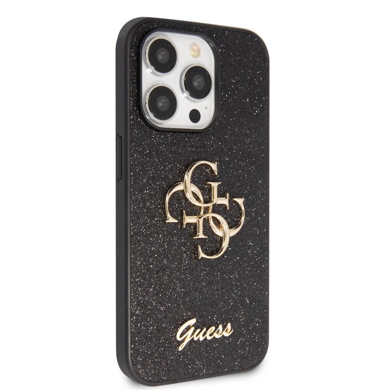 Guess PU Fixed Glitter 4G Metal Logo Zadní Kryt pro iPhone 15 Pro Max Black