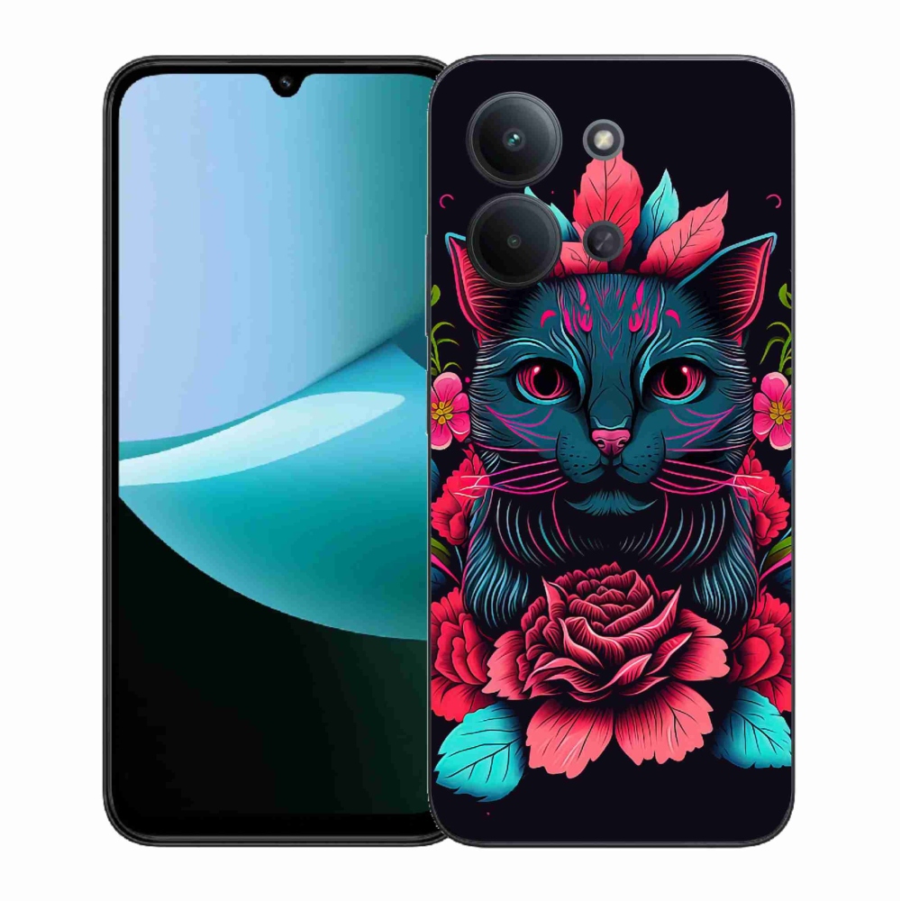 Gelový kryt mmCase na Xiaomi Redmi 15C 4G (171mm)/Poco C85 4G (171mm) - květiny a kočka