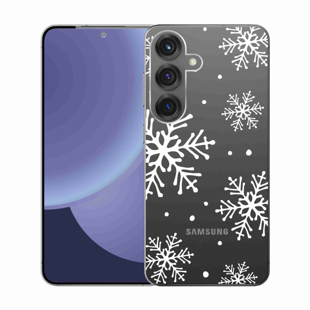 Gelový kryt mmCase na Samsung Galaxy S25 - bílé vločky na průhledném pozadí