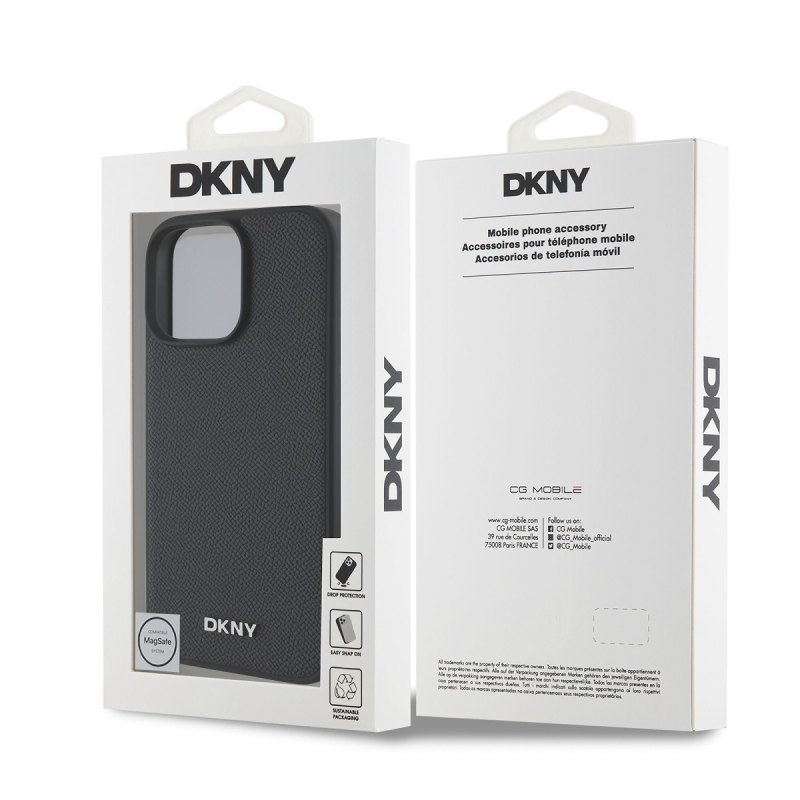 DKNY PU Leather Silver Metal Logo Magsafe Zadní Kryt pro iPhone 16 Pro Black