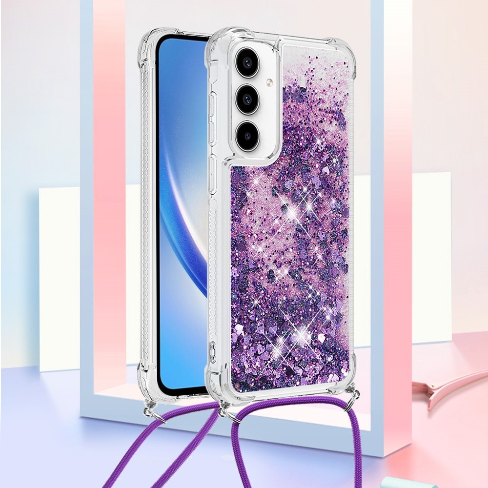 Glitters přesýpací gelový obal se šňůrkou na Samsung Galaxy A36 5G - tmavěfialový/srdíčka