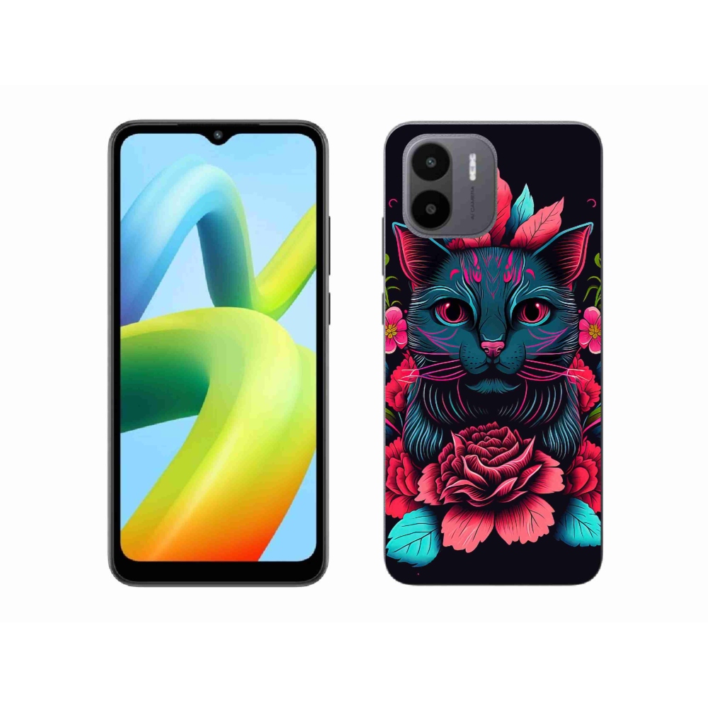 Gelový kryt mmCase na Xiaomi Redmi A1/Redmi A2 - květiny a kočka