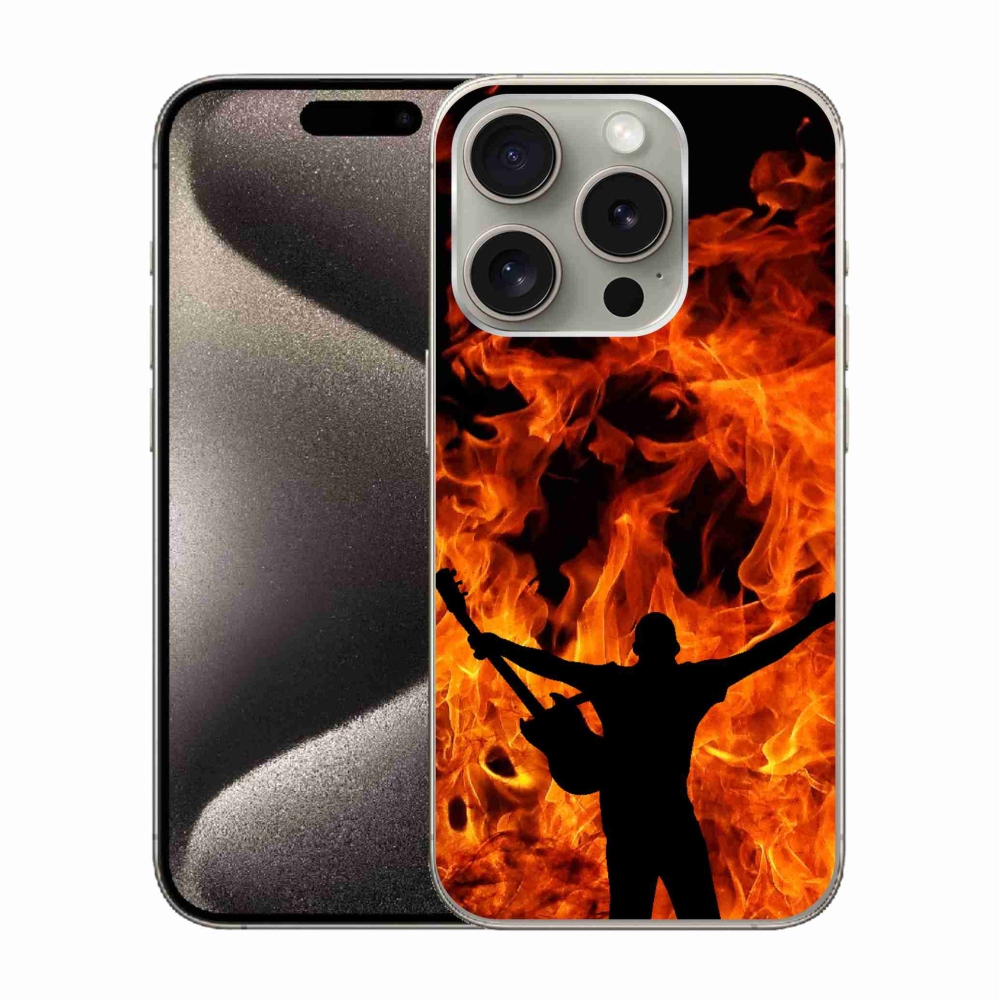 Gelový kryt mmCase na iPhone 15 Pro - muzikant a oheň