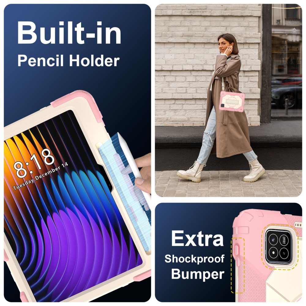 Strap odolný kryt s držákem na ruku a ramenním popruhem na Xiaomi Pad 7/7 Pro - růžovozlatý