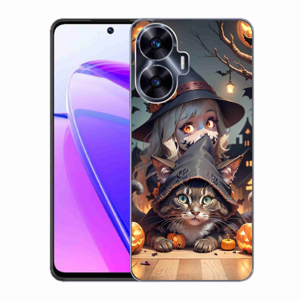Gelový kryt mmCase na Realme C55 - čarodějnice s kočkou