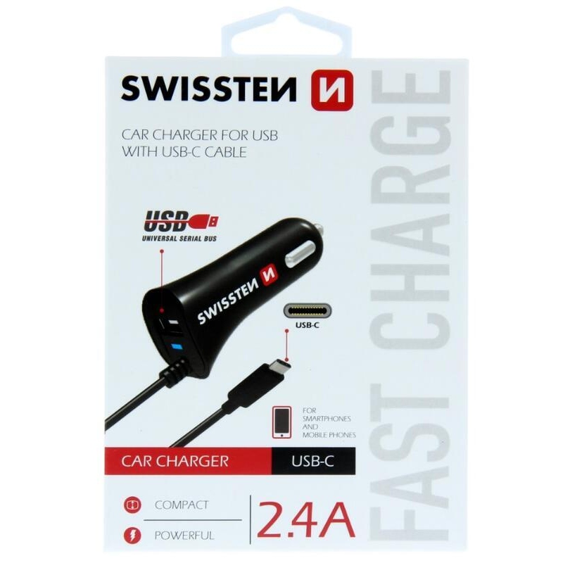 Nabíječka do auta Swissten CL adaptér USB-C a USB 2.4A - černá