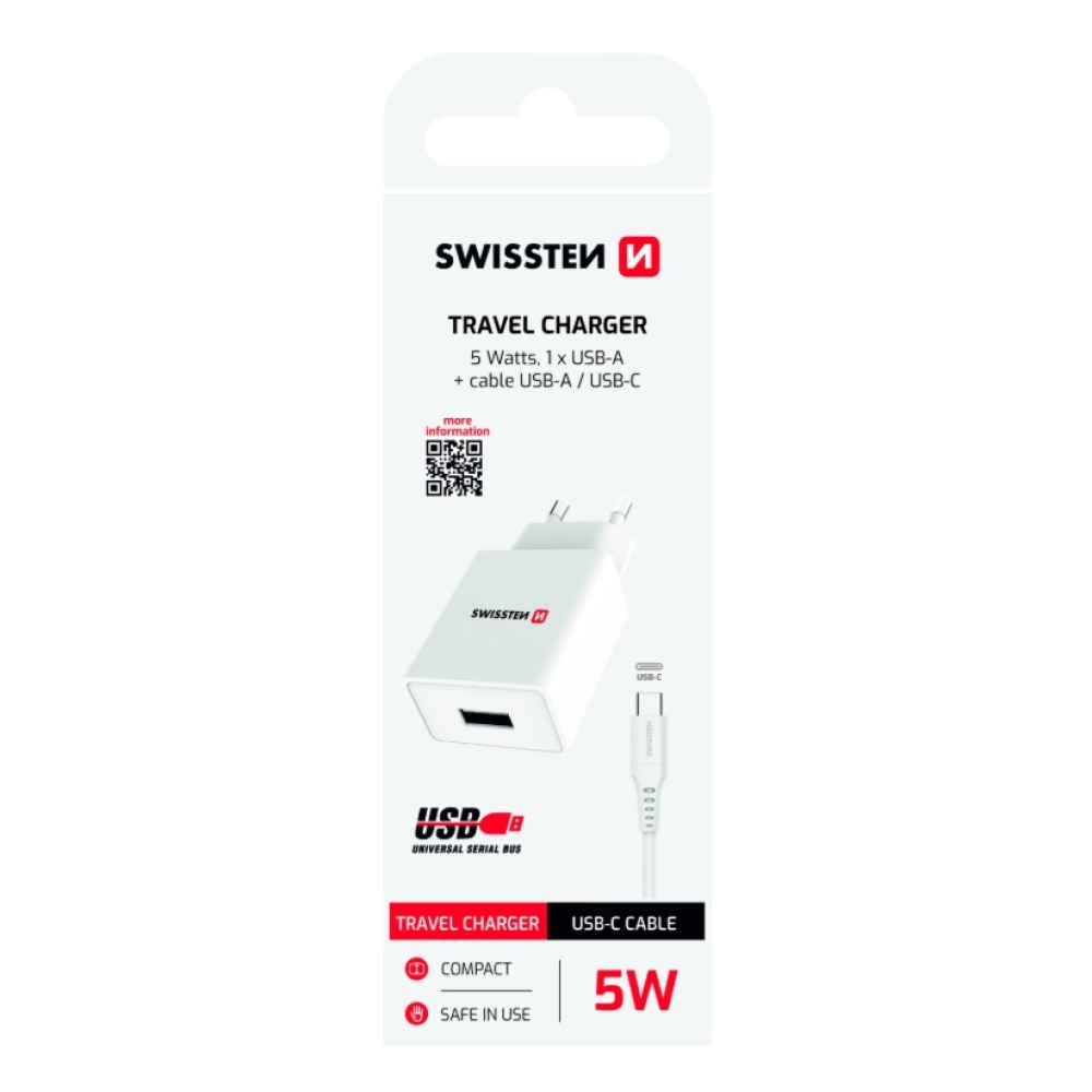 Nabíječka Swissten Smart IC 1x USB 1A + kabel USB/Typ-C 1,2m - bílá