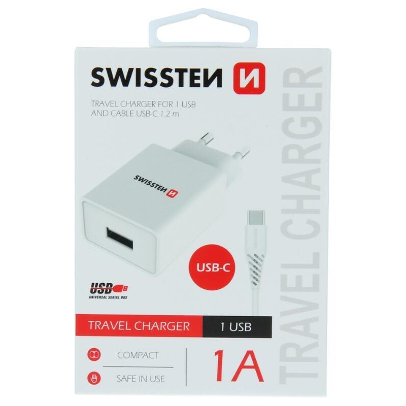 Nabíječka Swissten Smart IC 1x USB 1A + kabel USB/Typ-C 1,2m - bílá