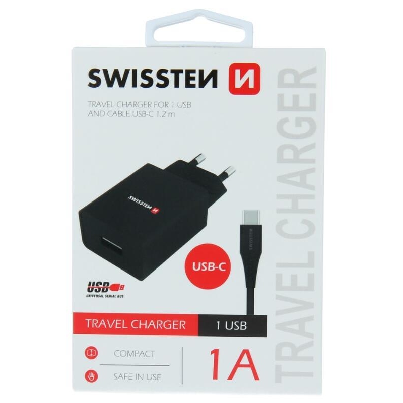 Nabíječka Swissten Smart IC 1x USB 1A + kabel USB/Typ-C 1,2m - černá
