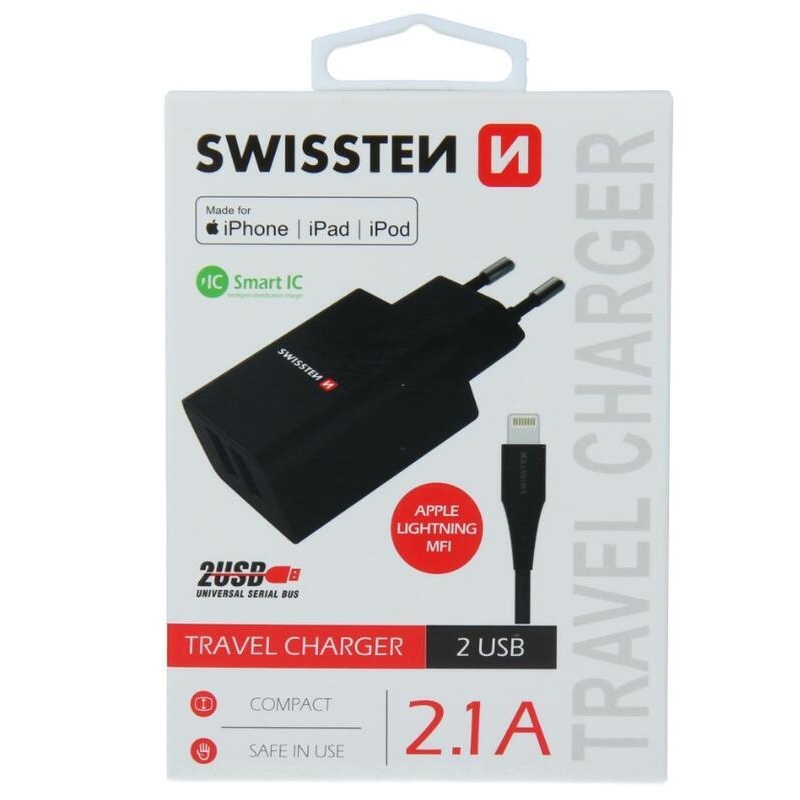 Nabíječka Swissten SMART IC 2.1A 2x USB + kabel USB/Lightning MFI 1,2m - černá