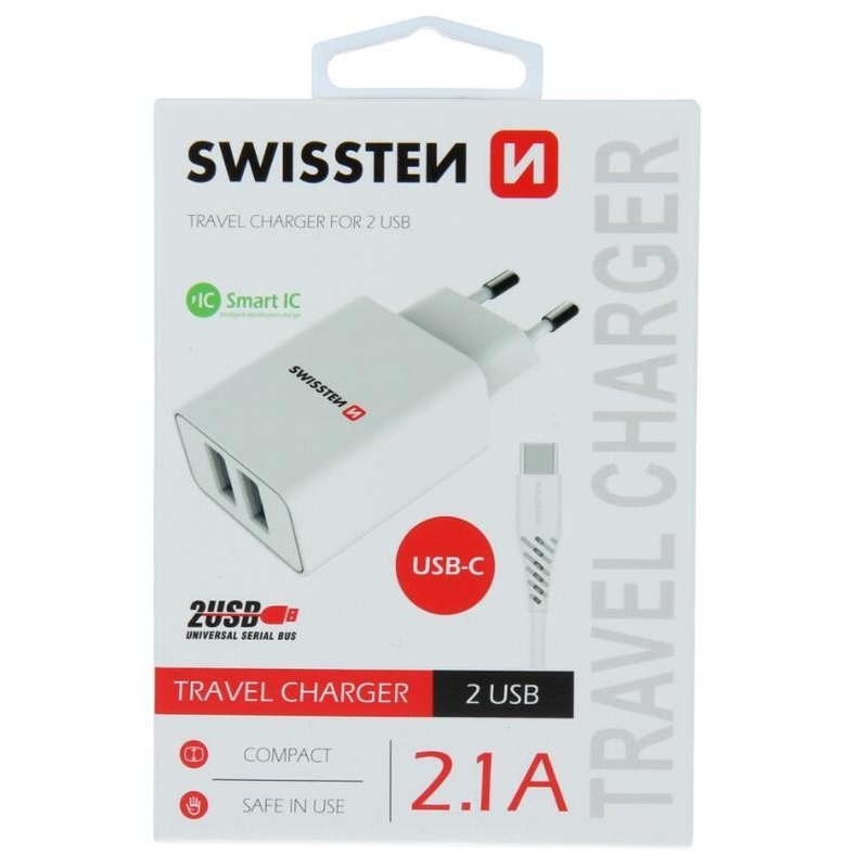 Nabíječka Swissten Smart IC 2x USB 2,1A + kabel USB/Typ-C 1,2m - bílá