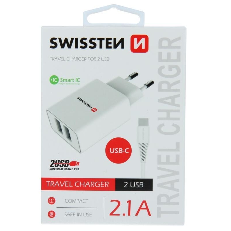Nabíječka Swissten Smart IC 2x USB 2,1A + kabel USB/Typ-C 1,2m - bílá