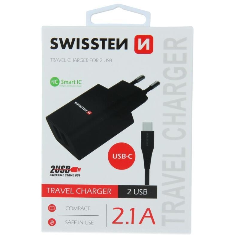 Nabíječka Swissten Smart IC 2x USB 2,1A + kabel USB/Typ-C 1,2m - černá