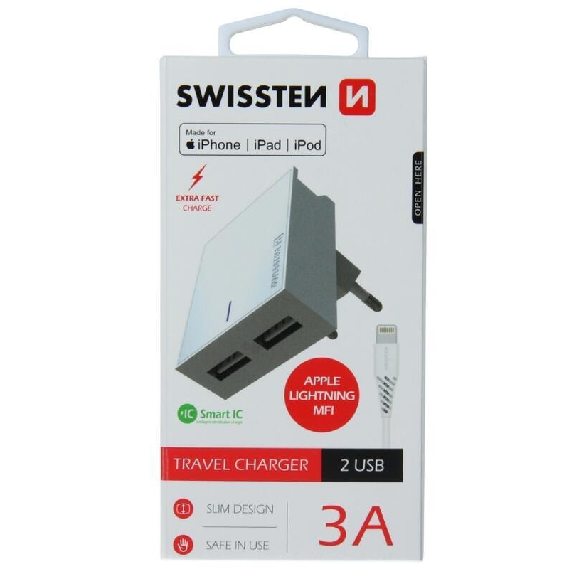Nabíječka Swissten SMART IC 3A 2x USB + kabel USB/Lightning MFI 1,2m - bílá