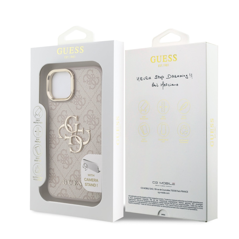 Guess PU 4G Metal Logo Stand Camera Frame Zadní Kryt pro iPhone 14 Pink