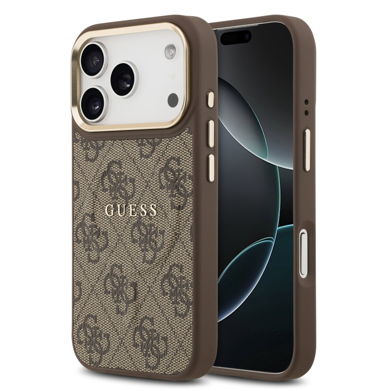 Guess PU Leather 4G Gold Frame MagSafe Zadní Kryt pro iPhone 17 Pro Brown