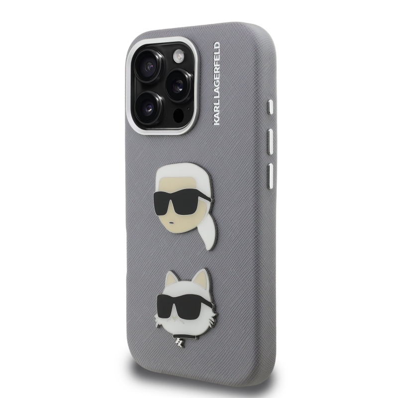 Karl Lagerfeld Grained PU K&CH Heads Zadní Kryt pro iPhone 16 Pro Grey