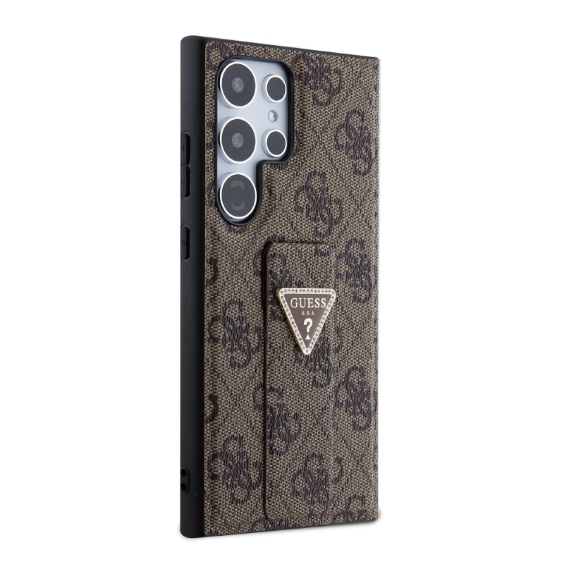 Guess PU Grip Stand 4G Strass Triangle Metal Logo Zadní Kryt pro Samsung Galaxy S24 Ultra  Brown