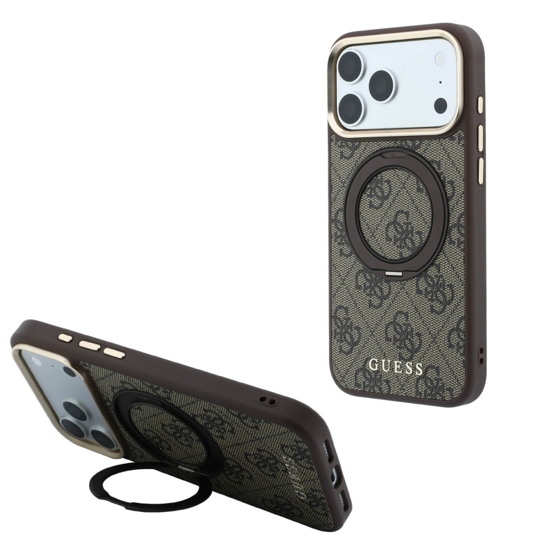 Guess PU 4G Ring Stand MagSafe Zadní Kryt pro iPhone 18 Pro Brown