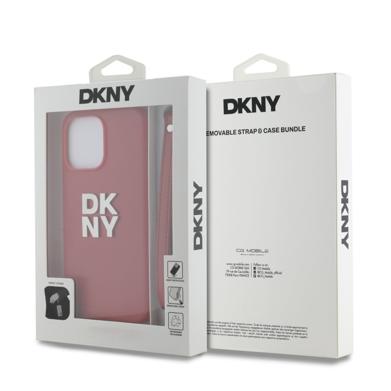DKNY PU Leather Stack Logo Wrist Strap Zadní Kryt pro iPhone 14 Pro Red
