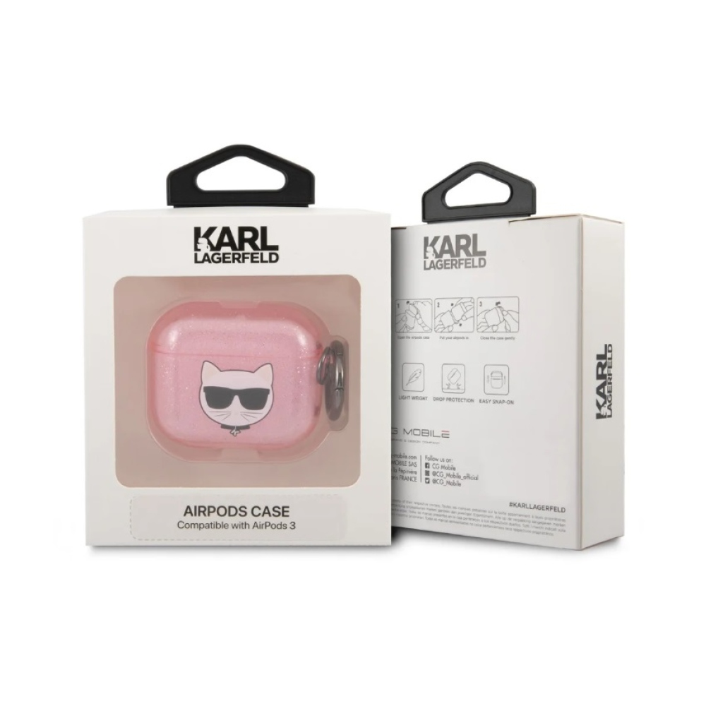 Karl Lagerfeld TPU Glitter Choupette Head pouzdro pro Airpods 3 růžové