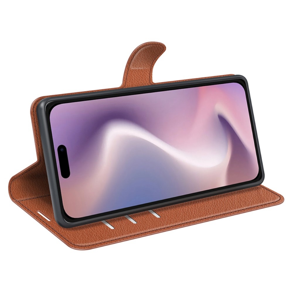 Litchi knížkové pouzdro na iPhone 16 Pro - hnědé