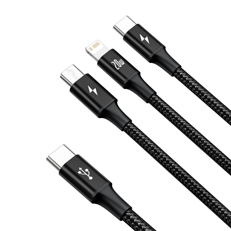 Baseus Rapid Series 3v1 Fast Charging Datový Kabel USB-C - USB-C/Lighting/MicroUSB 20W 1.5m Black