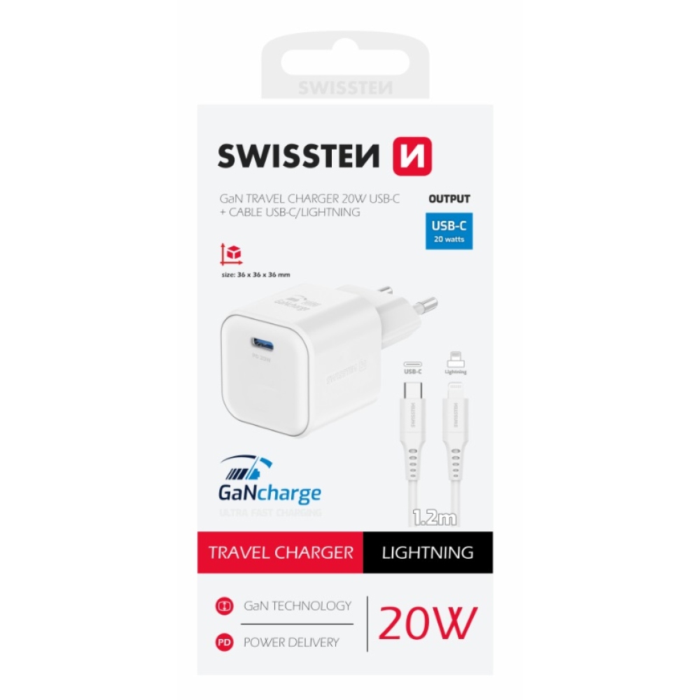 Nabíječka Swissten GaN 1x USB-C 20W Power Delivery + kabel USB-C/Lightning 1,2m - bílá