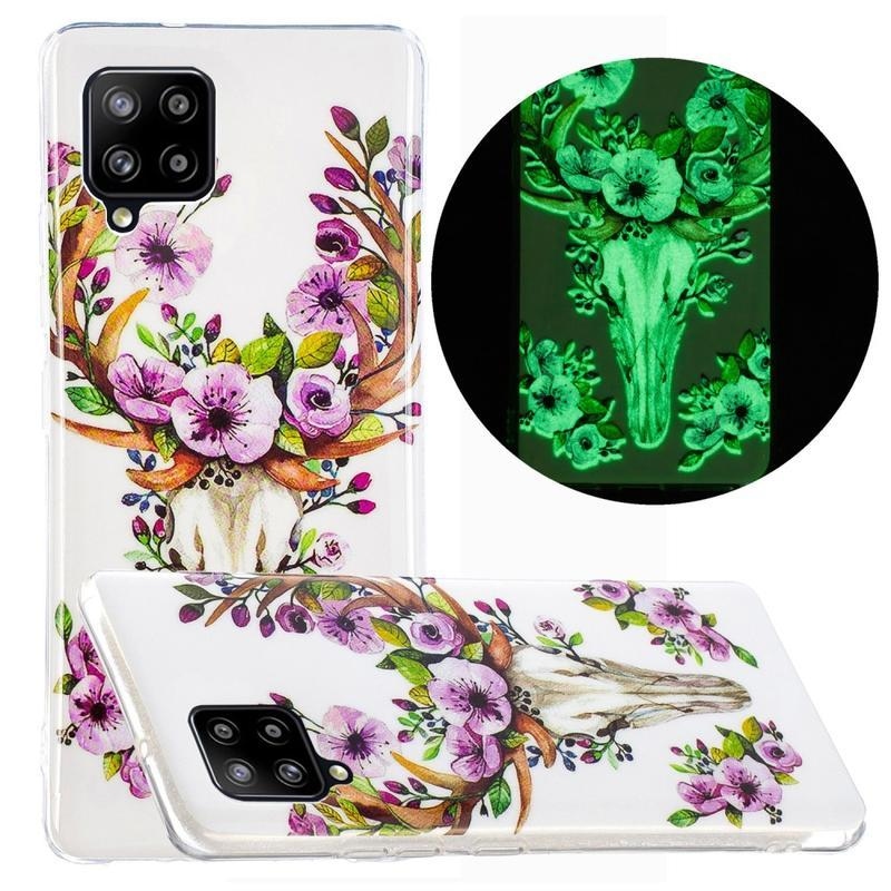 Noctilucent gelový obal pro mobil Samsung Galaxy A42 5G - květy a lebka soba