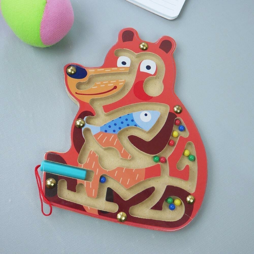 Dřevěný magnetický labyrint s kuličkami - medvídek