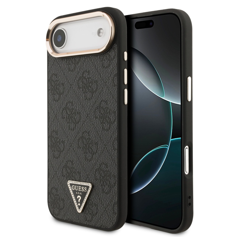 Guess PU Leather 4G Strass Triangle Logo Gold Frame MagSafe Zadní Kryt pro iPhone Air Black