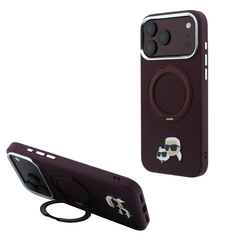 Karl Lagerfeld PU Grained K&CH Heads Ring Stand Magsafe Zadní Kryt pro iPhone 18 Pro Burgundy