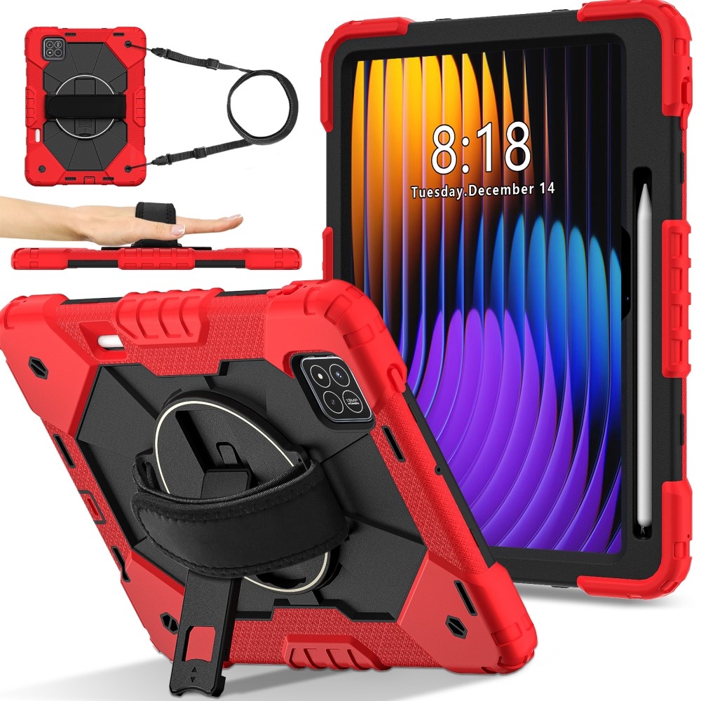Strap odolný kryt s držákem na ruku a ramenním popruhem na Xiaomi Pad 7/7 Pro - červený/černý
