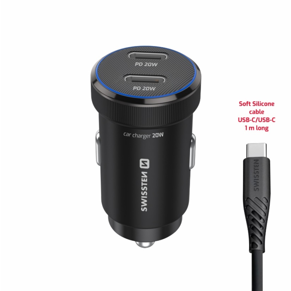Swissten CL adaptér 2x USB-C PD, 20W - černý + kabel USB-C / USB-C, 1m