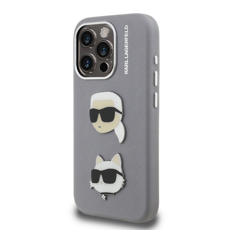 Karl Lagerfeld Grained PU K&CH Heads Zadní Kryt pro iPhone 15 Pro Max Grey