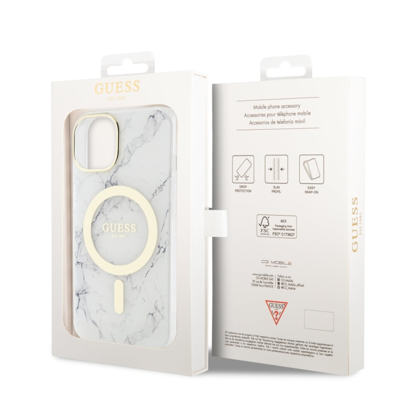 Guess IML Marble MagSafe Zadní Kryt pro iPhone 13 White