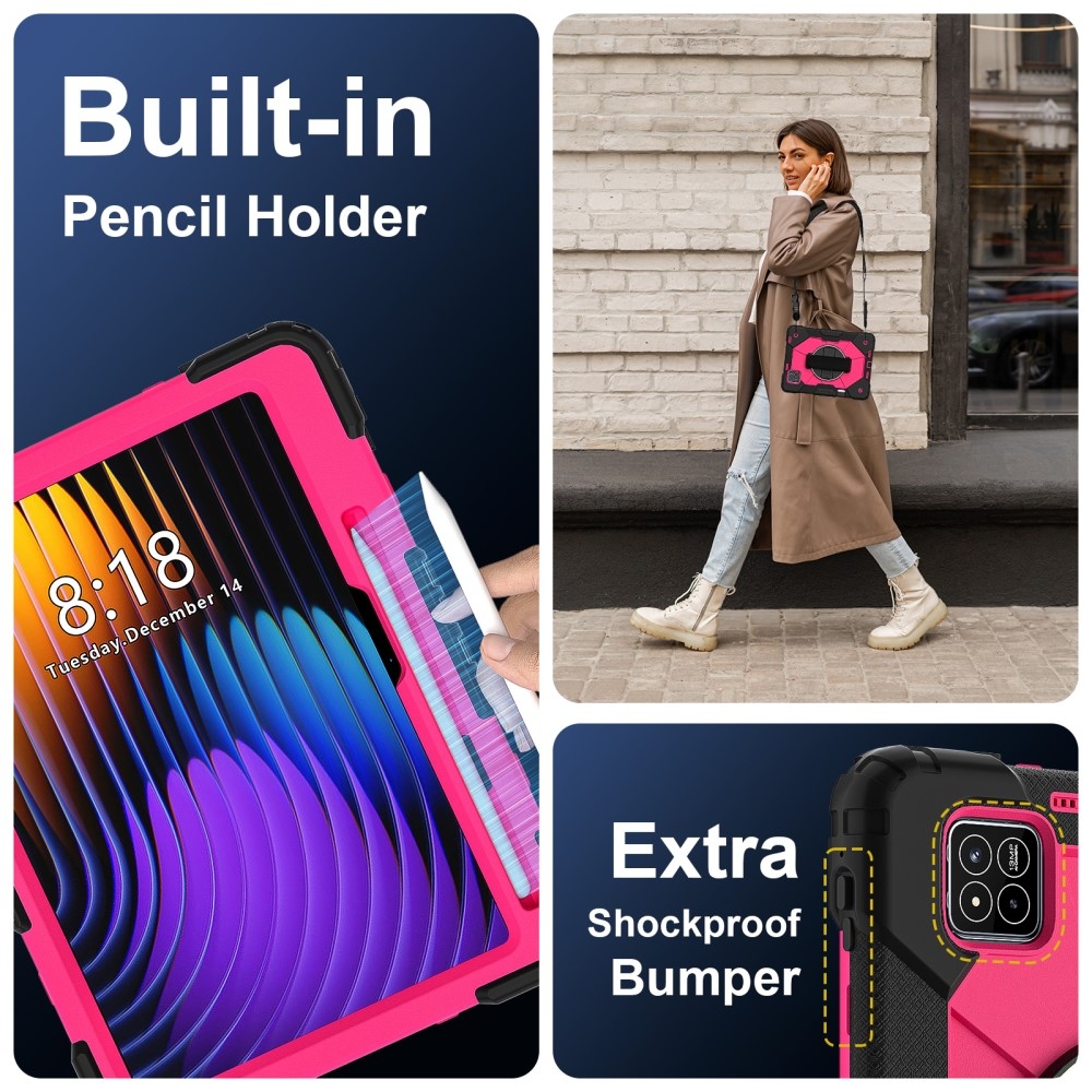 Strap odolný kryt s držákem na ruku a ramenním popruhem na Xiaomi Pad 7/7 Pro - černý/rose