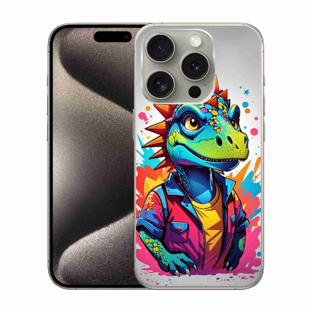 Gelový kryt mmCase na iPhone 15 Pro - barevný dinosaurus