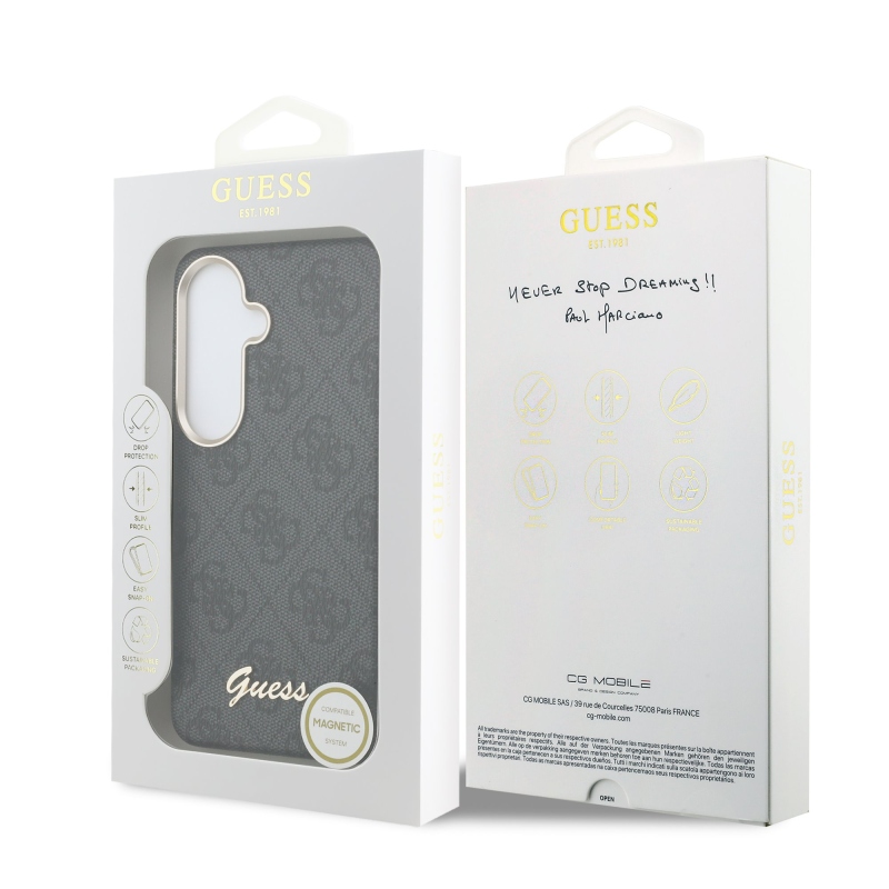 Guess PU 4G Script Metal Logo Magnetic Zadní Kryt pro Samsung Galaxy S26 Black